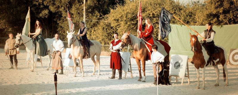 Des chevaux et des cavaliers costumés à l'époque médiévale